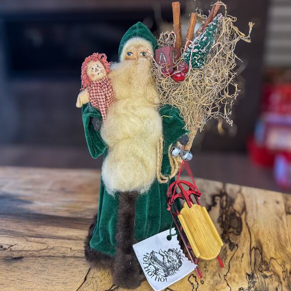 Primitive Folk Art Vintage Cloth Face Santa w Doll Christmas Tabletop Decor 11” - Picture 5 of 14